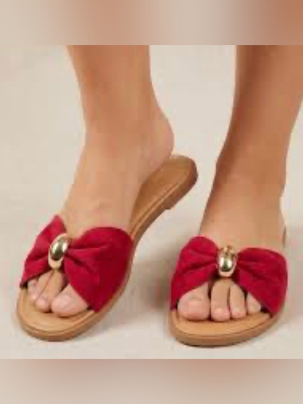 NIB [BAMBOO] Bow Slide Low Flat Sandals Red w/ Gold Women’s Multiple Sizes
